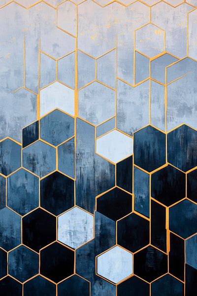 Geometric pattern in blue and gold by Poster Art Shop