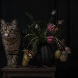 Cat, flowers, butterfly by Christa van Gend