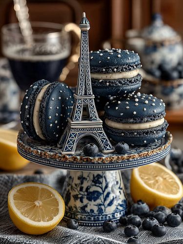 Stillleben im Delfter Blau-Stil mit dem Eiffelturm, Macarons, Heidelbeeren und Zitronen