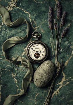 „The Timekeeper“: Vintage-Taschenuhr auf grünem Marmor von Sergej Gello