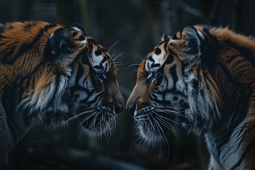 Twee tijgers in donker bos tegenover elkaar