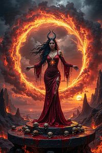 Dark Fantasy Wandbild: IGNIDORA - Eine Dämonin vor einem Feuerportal, umgeben von Schädeln