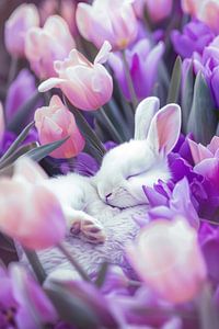 Bunny dans un champ de tulipes