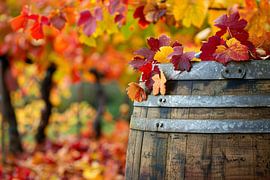 Wooden barrel with autumn leaves by Art & Soul Creations