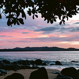 Zonsondergang, op het strand in Thailand met palmbomen van Lindy Schenk-Smit