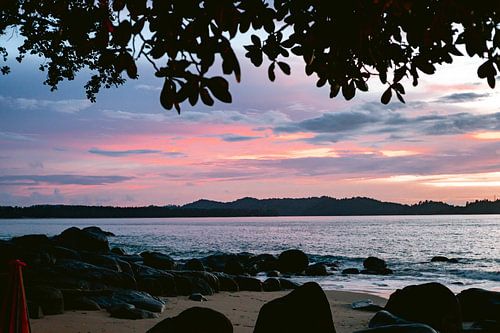 Sunset, on the beach in Thailand with palm trees