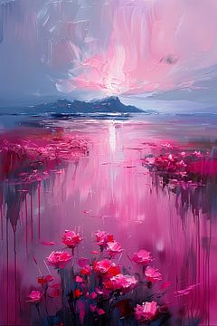 Roze zonsondergang en bloemen aan de waterkant van De Muurdecoratie