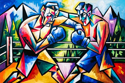 Kubistisch kleurrijk schilderij met boksers