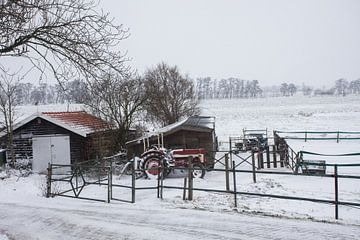Tracteur dans le polder, paysage de neige