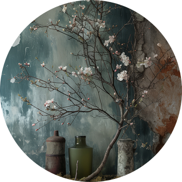 Industrieele omgeving stilleven vasen en bloemen op houten tafel van Digitale Schilderijen