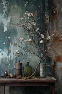 Industrial setting still life vases and flowers on wooden table by Digitale Schilderijen