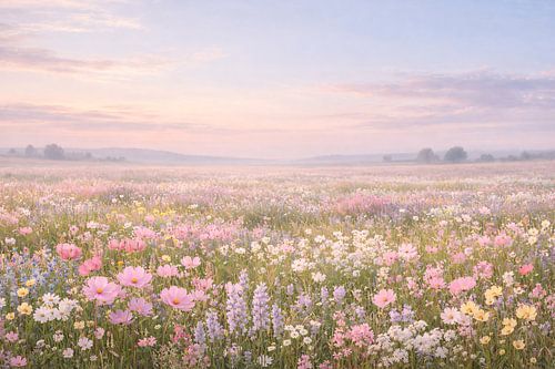 Een veld met wilde bloemen in het ochtendlicht – een romantische zee van bloemen in pasteltinten