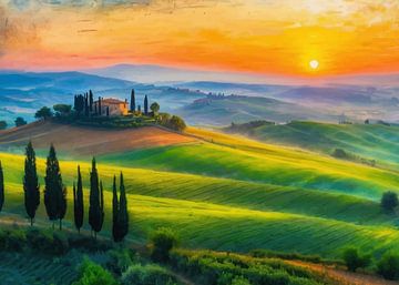 Panoramisch uitzicht op zonsopgang in Val d'Orcia, Toscane 2 van MIROKKU