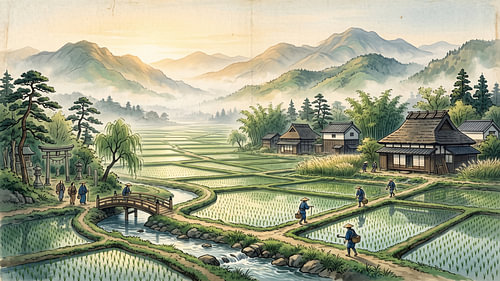Tranquil Japanese Village Among Misty Rice Fields