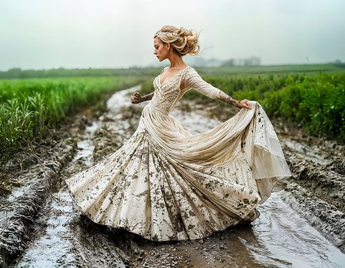 bruid die in de modder danst op een regenachtig pad