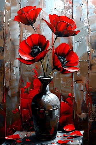 Moderne Rode Bloemen in Stijlvolle Zwarte Vaas