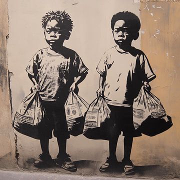 Jeugd en Rebellie: Twee Jongens met Cash in Banksy Stijl van Dream Designs art work