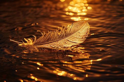 Gouden veer drijvend op water bij zonsondergang