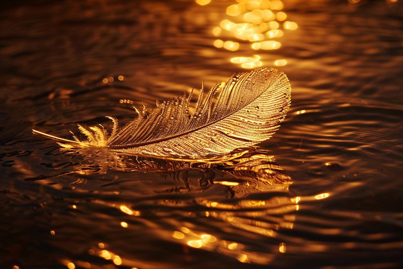Goldene Feder schwimmt bei Sonnenuntergang auf dem Wasser von Art & Soul Creations