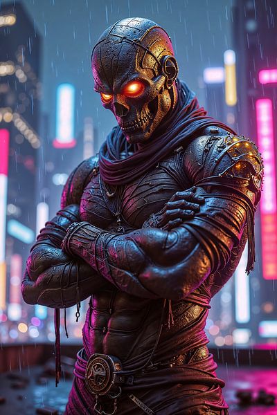 NEON MUMMY: La momie cyberpunk au-dessus des toits de la mégalopole par INFERAURUM