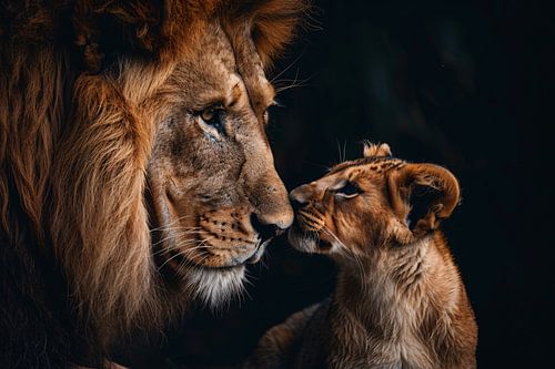 Intiem moment tussen leeuw en welp