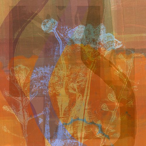 Abstracte botanische kunst. Bloemen in roestbruin, oranje en lila.