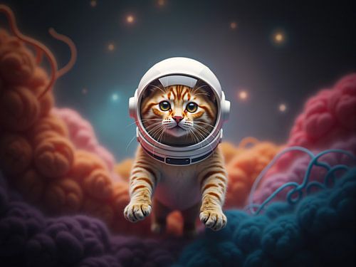 Schattige kattenastronaut zwevend door kleurrijke nevelwolken i