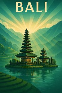 Bali Art Deco Poster - Ulun Danu Temple Reflexionen bei Sonnenaufgang