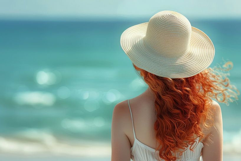 une femme avec un chapeau regarde la mer par Egon Zitter