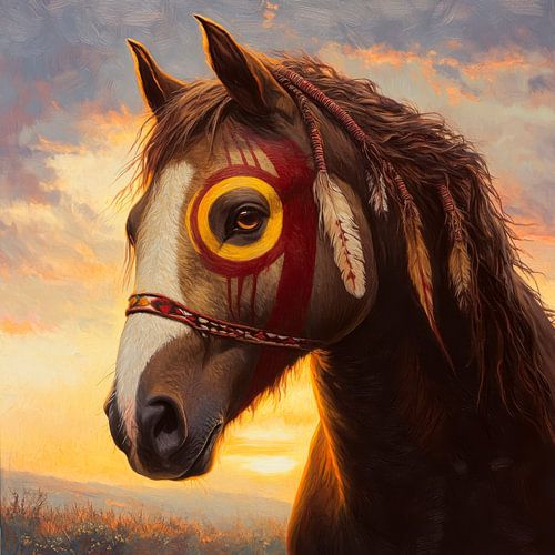 Paard in het avondlicht met masker