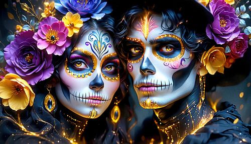 Liefde in de pracht van vergankelijkheid - Een paar in de bloemenkrans van Día de los Muertos tussen kleur, stilte en eeuwige verbondenheid
