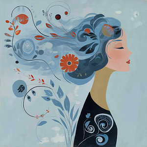 Frau mit Blume | Frau mit blauem Haar und Blumen
