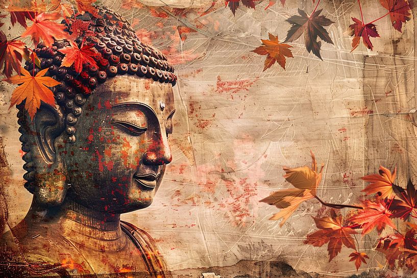 Boeddha in Herfstbladeren Sepia Toon van Art & Soul Creations