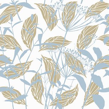 Botanica Delicata. Abstrakte Retro Blumen und Blätter in weiß, hellen Himmel blau, wild Wunder braun von Dina Dankers