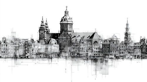 Amsterdam skyline in black and white reflection