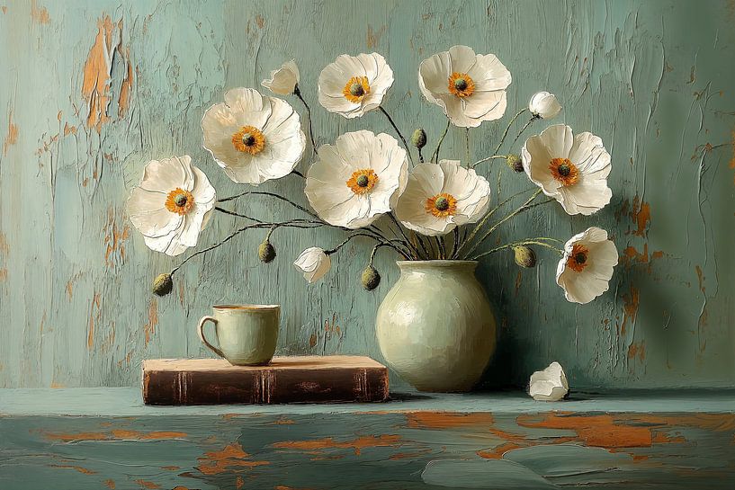 Weiße Mohnblumen in rustikalem Grün Nr. 3 von Studio BB