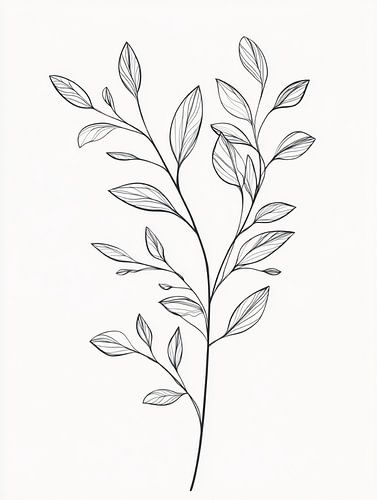 Élégant dessin au trait en noir et blanc représentant une tige végétale délicate avec des feuilles