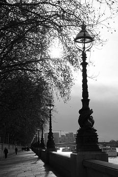 Lantaarns langs de oever van de Theems in Londen in zwart wit van Angeline Dobber