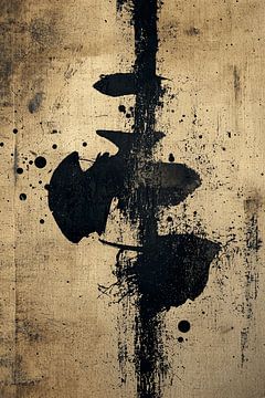 Abstract Zwart-Beige Schilderij met Drie Zwarte Penseelstreken in Oude Japanse Stijl van Dream Designs art work