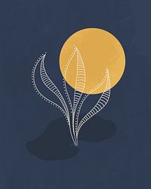 Paysage minimaliste avec une lune dorée et une plante fantaisiste sur Tanja Udelhofen