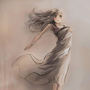 Anime artwork - meisje met jurk - taupe kleur