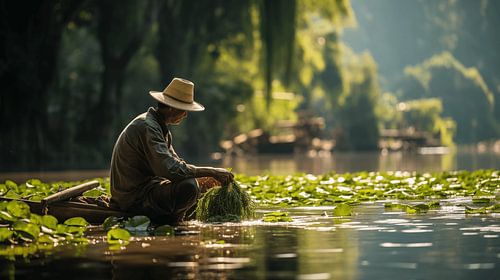 Vietnamese visser met een hergebruik op een meer in Vietnam