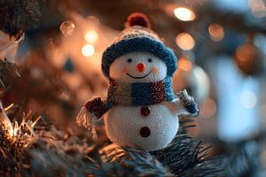 Schneemann in warmem Winterglühen zwischen Weihnachtszweigen