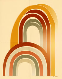 Geometric rainbow arcs in warm, earthy retro colours