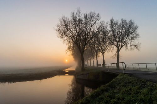 Polder tijdens een mistige zonsopkomst van Paul Veen