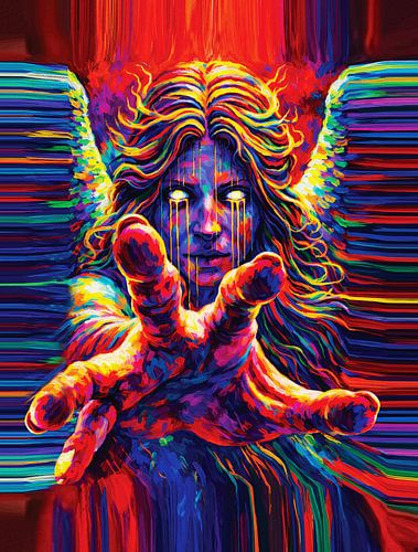 Huilende neonengel Multicolor tranen Impasto portret