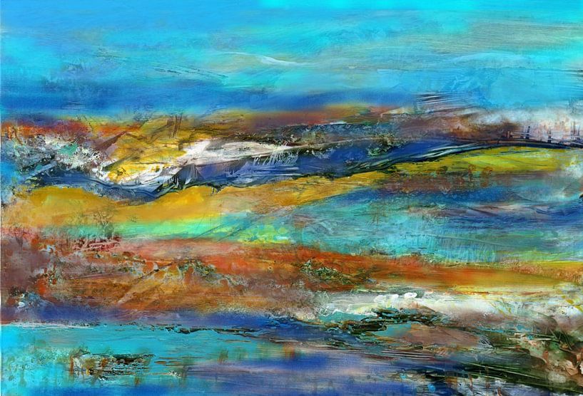 farbenfrohe abstrakte Landschaft mit Türkis und Blau von Claudia Gründler