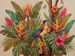 Design biophilique moderne avec flore exotique et oiseaux tropicaux colorés
