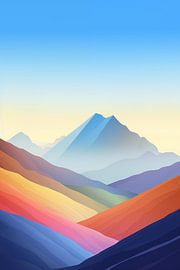Zachte, pastelkleurige heuvelruggen lopen uit naar een verre blauwe bergtop. van Minimal Blue