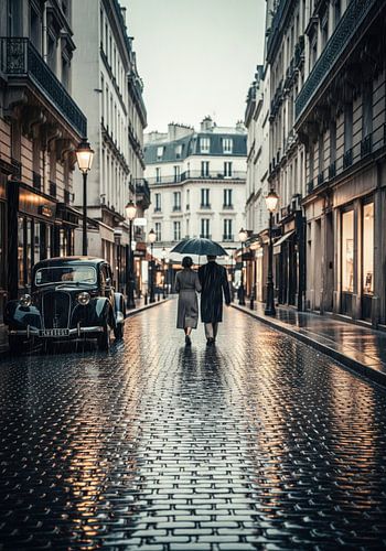Paar wandelend onder paraplu op regenachtige Parijse straat met vintage
